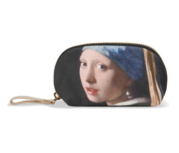 Kleine Kosmetiktasche aus Nylon mit Aufdruck „Mädchen mit Perlenohrring“ in Kombination mit blauem Samt